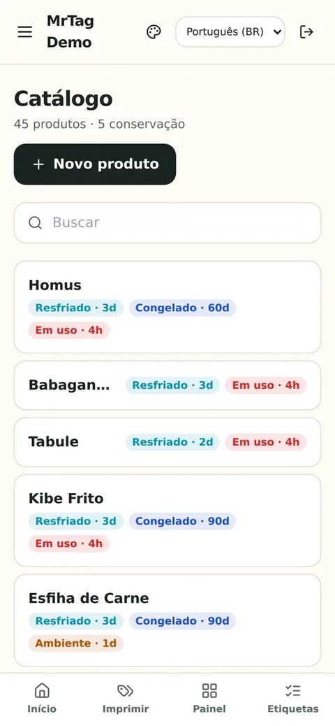 Catálogo da cozinha por setor e categoria no celular