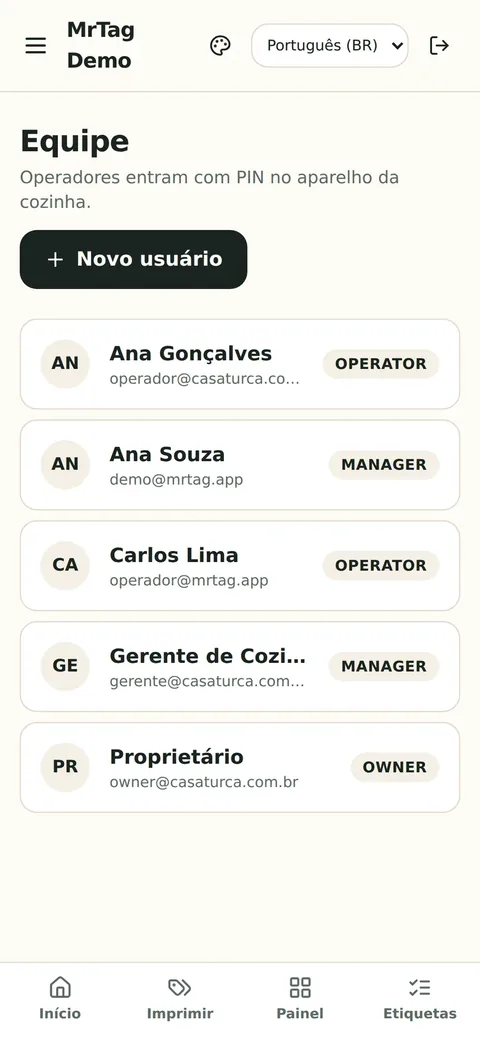 Equipe com operadores e permissões no celular