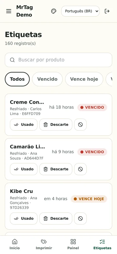 Lista de etiquetas emitidas com o estado de cada uma no celular