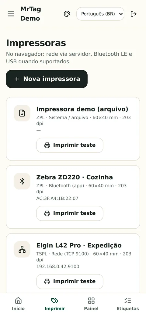 Impressoras cadastradas na unidade no celular