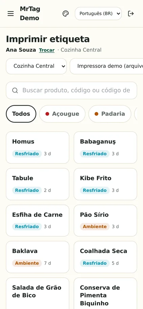Catálogo de produtos na tela de impressão no celular