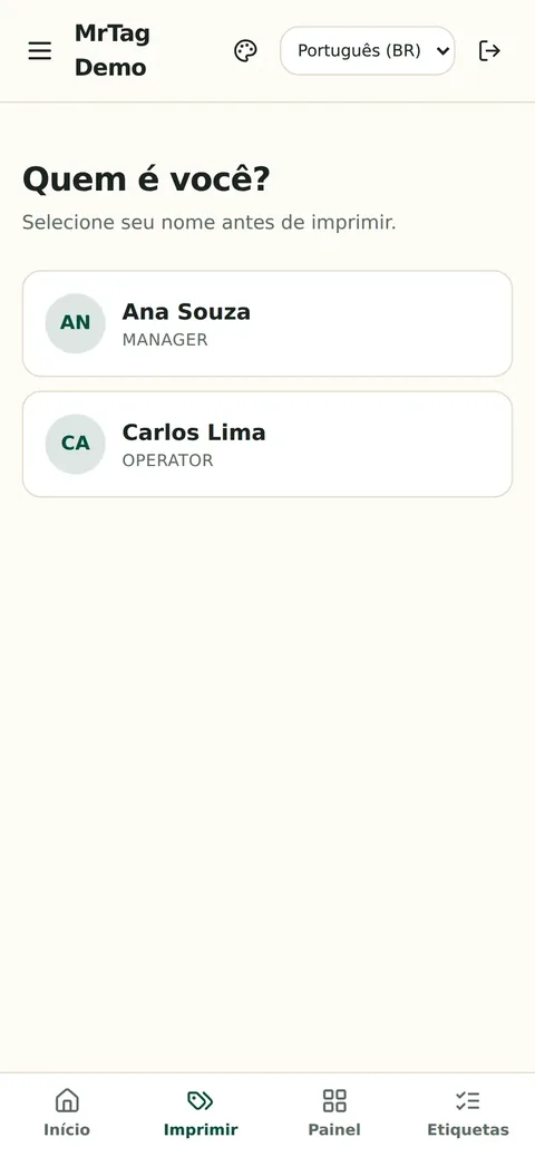 Tela de seleção do operador antes de imprimir no celular