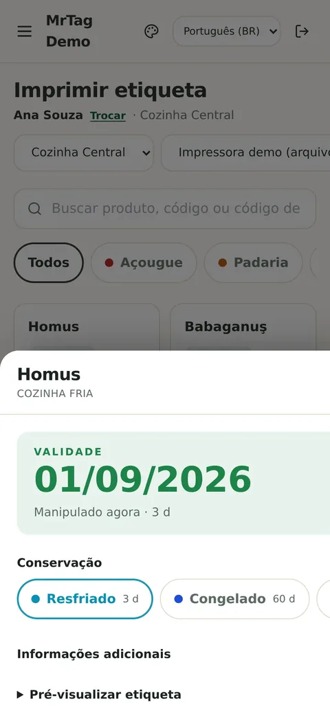Ficha do produto com a validade calculada no celular