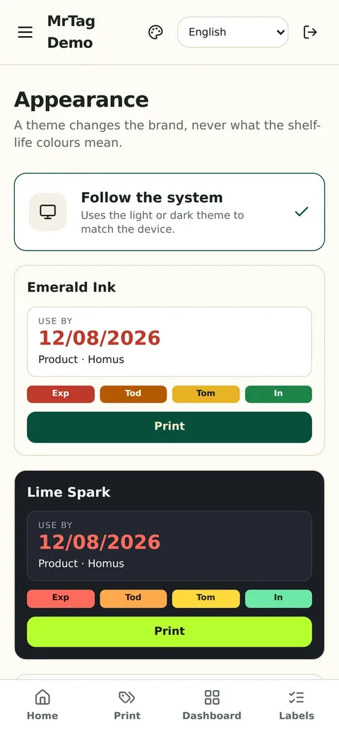 Colour themes and establishment branding on a phone
