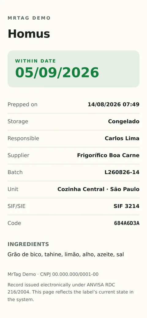 Verification page opened from a label QR code on a phone