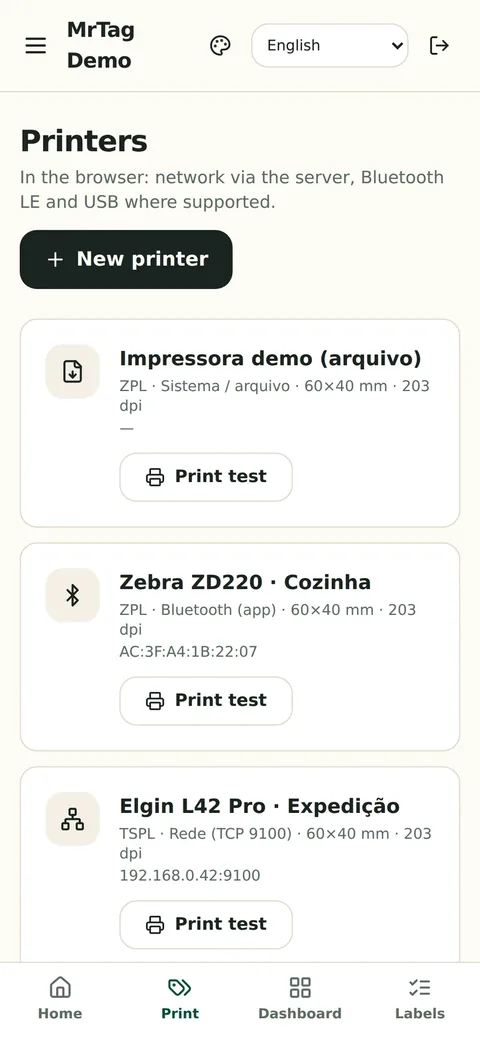 Printers registered for the site on a phone