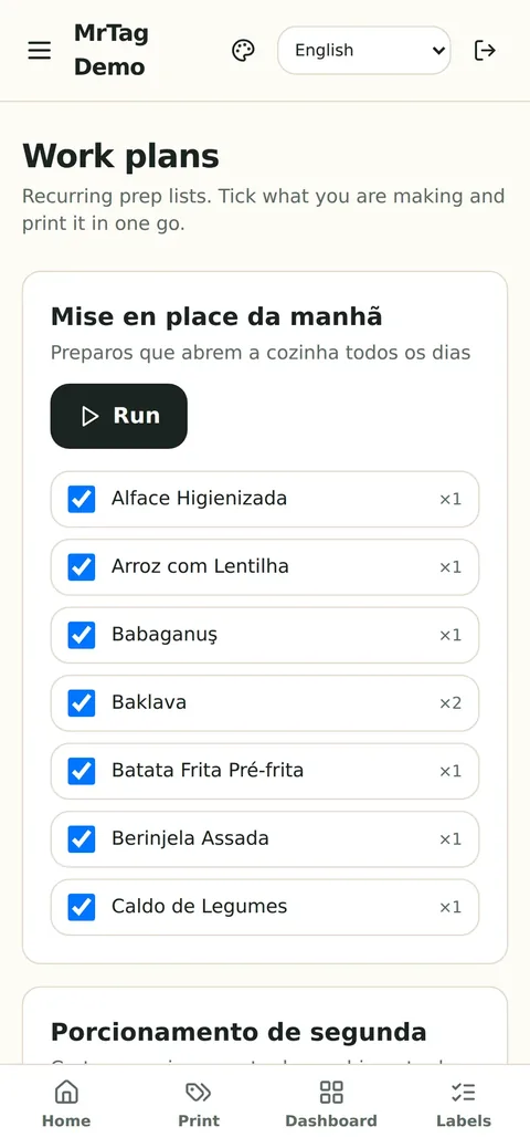 Work plan with the items for the day’s prep on a phone